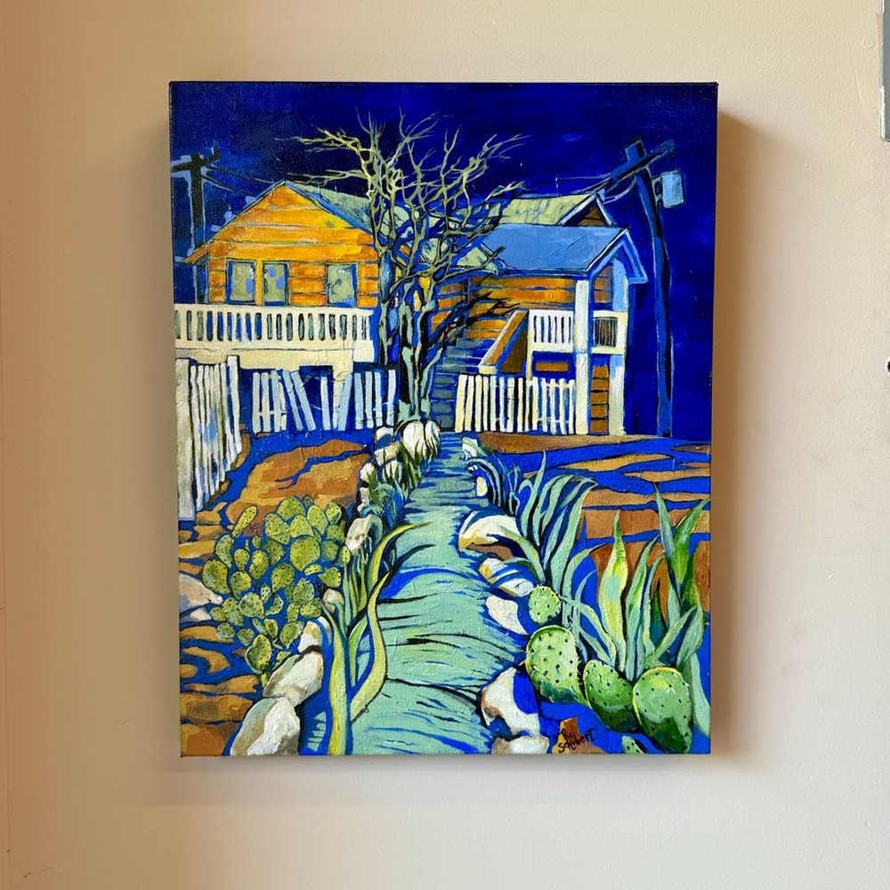 Original Acrylic Painting, Vibrant Blue and Green Home, 16x20” Wall Art - Picture 2 of 9